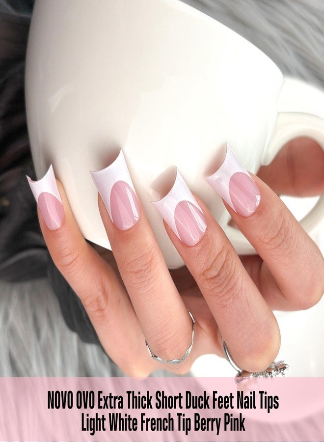 NOVO OVO Extra Thick Duck Nails Short with Moon Curve Light White French Tips BERRY PINK Full Cover for Press on Acrylic, Flare Wide French Soft Gel Fake False Nail Extension x 15 Sizes 240 pcs - Image 5